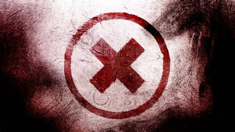 Red Rejection, X symbol with a Circle on a high contrasted grungy and dirty, animated, distressed and smudged 4k video background with swirls and frame by frame motion feel with street style