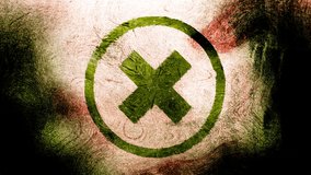Green Rejection, X symbol with a Circle on a high contrasted grungy and dirty, animated, distressed and smudged 4k video background with swirls and frame by frame motion feel with street style
