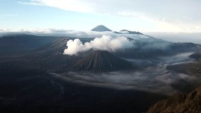 Aerial video of Mount Bromo during morning.Mount Bromo, is an active volcano and part of the Tengger massif, in East Java, Indonesia.