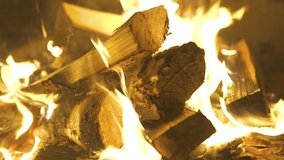 Bonfire coals and fresh logs burn and smoke at night