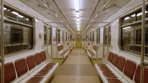 Perspective up view of subway car. Moscow metro. Empty metro wagon lately in evening.