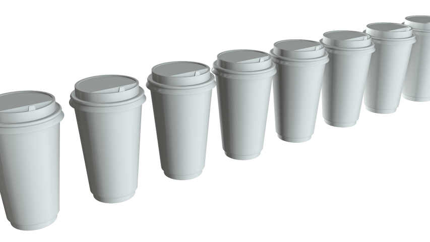 Disposable coffee cups. Row of Blank paper mug with plastic cap. 3d render Video available in 4k FullHD and HD render footage