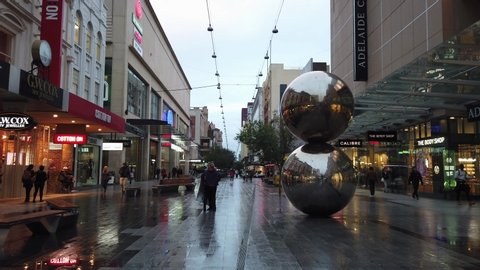 Adelaide, Australia - May 11, 2019: Mall's Balls view at Rundle Street Mall after the rain.