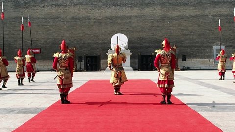 Xian city, Shaanxi province, China - May 25, 2018: Change of the guard at Xian city wall entrance hall