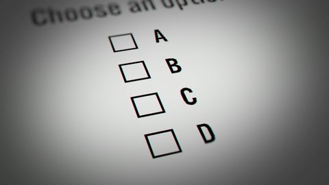 Close up of Checkbox Marking Survey.  Checking A,B,C and D Option on White  Background.
