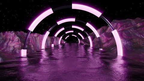 3d abstract background of Sci-fi corridor. Extraterrestrial landscape scene. Futuristic technology abstract seamless VJ for tech titles and background. 