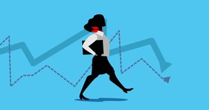 Animation of businesswoman going with graphic at background