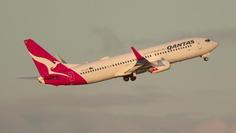 Sydney, Australia - May 31, 2019:  Qantas Boeing 737 takes off from Sydney airport.