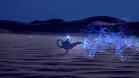 Lamp of Wishes In The Desert - Genie Coming Out Of The Bottle
