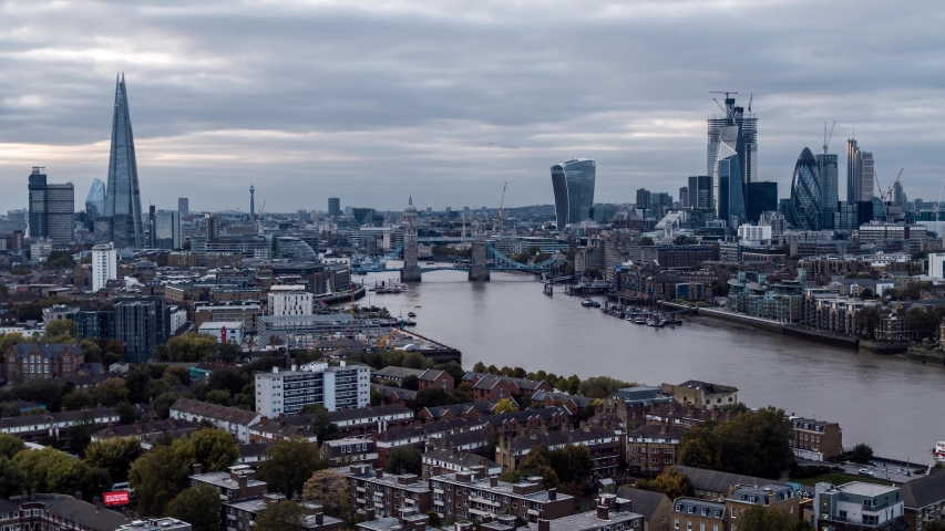 Establishing Aerial View of London Skyline, The City of London, United Kingdom Royalty-Free Stock Footage #1031908502