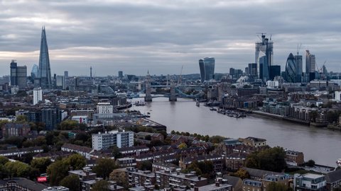 Establishing Aerial View of London Skyline, The City of London, United Kingdom