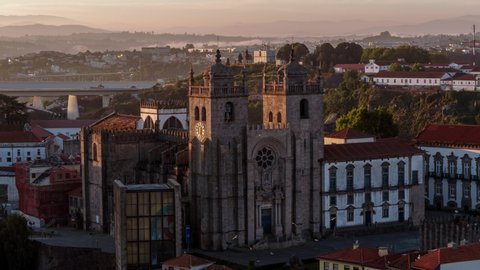 Establishing Aerial View of Porto, Oporto, Porto Catherdral, Old Town, Portugal