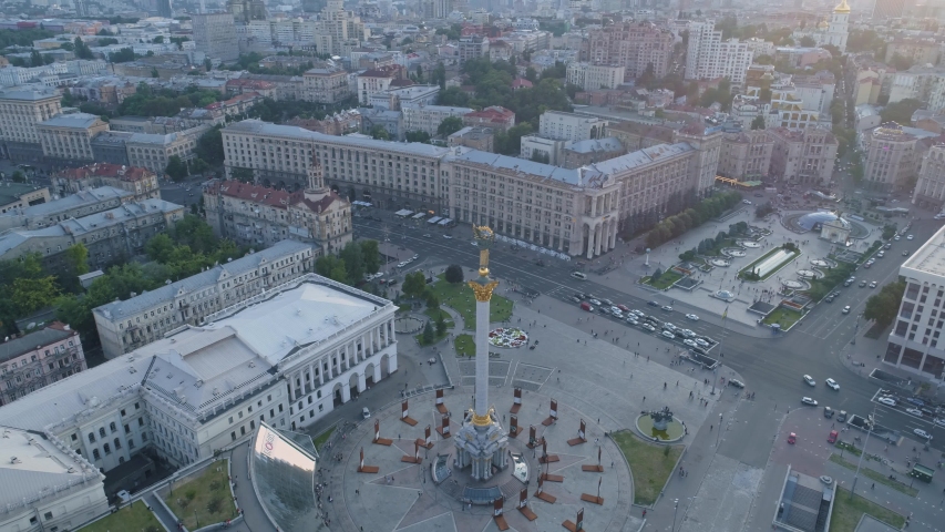 Aerial view. Independence Square In Kiev | Kyiv, Ukraine. Flying above city center. 4K.