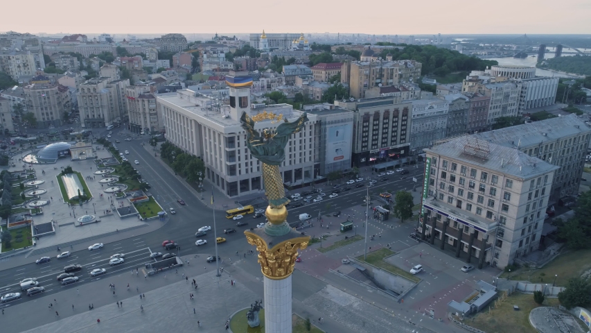 Aerial view. Independence Square In Kiev | Kyiv, Ukraine. Flying above city center. 4K.