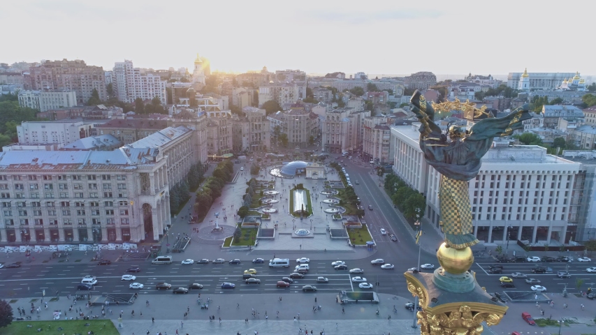 Aerial view. Independence Square In Kiev | Kyiv, Ukraine. Flying above city center. 4K.