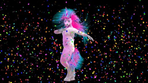 Seamless funny animation of a go go dancer unicorn dancing samba with a rain of rainbow color confetti.