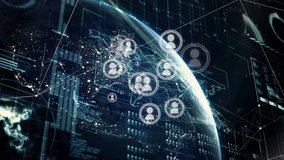 Digital animation of people icon vectors  along with the Earth interface and data analytics tools in the background.  - Powered by Shutterstock - Get 15% off with code: PIKWIZARD15