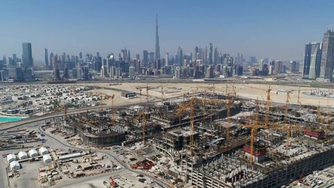 Dubai, United Arab Emirates - 02 - 15 - 2018: Aerial shot of construction and dubai skyline 