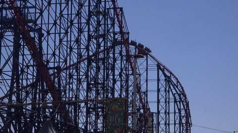 Blackpool, Lancashire / England - June 03 2019: Blackpool roller coasters are one of the oldest fun rides in the world dating to 1926, UK 4K
