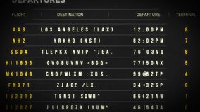 Airport Departure Board Loop/
4k animation of an airport departure board with flight, destination, time and decoding text seamless looping