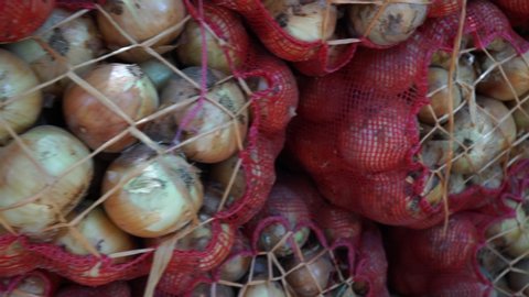 Fresh onions in bags ready for sale. 4K