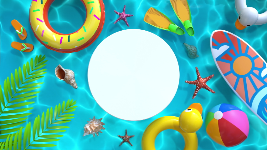 Colorful beach and pool objects floating in blue pool water 3D animated background. There is white circle in the center for your logo or text message. Summer vacation concept. Royalty-Free Stock Footage #1031927801