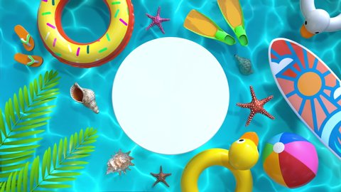 Colorful beach and pool objects floating in blue pool water 3D animated background. There is white circle in the center for your logo or text message. Summer vacation concept.