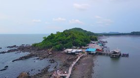 Aerial view of seascape in Chantaburi province of Thailand. Video consist of sea, mountain and folk fishery community along the bay.