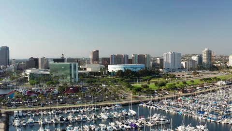 Aerial view of downtown Long Beach convention center and hotels in California on a sunny day