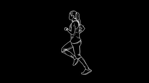 4K line drawing of a lady running in a loop video, white on black background.