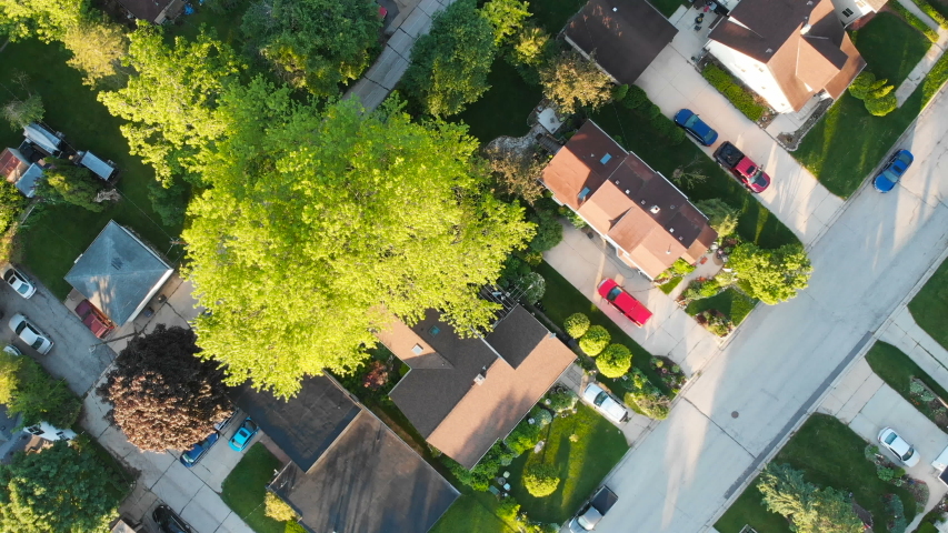 Aerial view of residential houses at summer. Establishing shot of American neighborhood, suburb, house.  Real estate, drone shots, sunrise, sunlight, from above Royalty-Free Stock Footage #1031953616