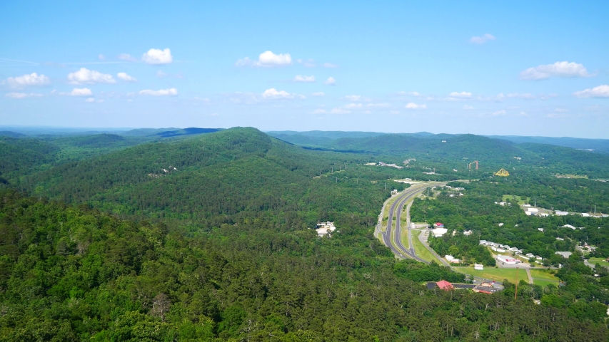 Landscape view of the hills and buildings outside of Hot Springs National Park as seen from the Hot Springs Mountain Tower.
