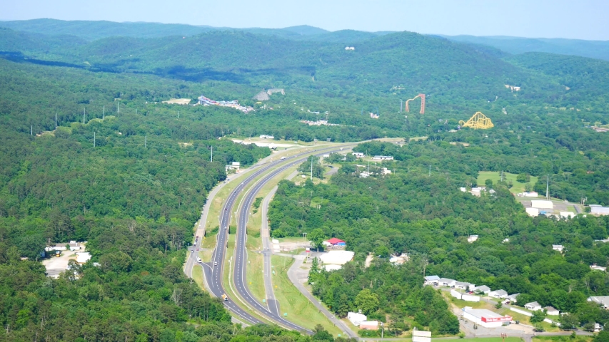 Landscape view of the hills and buildings outside of Hot Springs National Park as seen from the Hot Springs Mountain Tower.