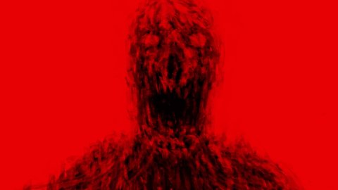Scary evil ghosts of darkness 2D animation. Genre of horror. Black and red colors background. Vj looped animation. Gloomy animated short film. Evil demon with luminous eyes. Angry undead spooky movie.