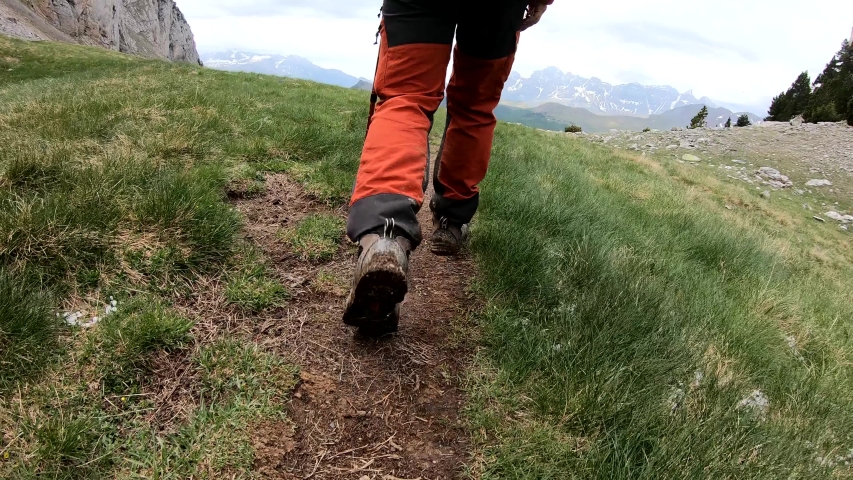Hiking trekking in the mountains. Rear view of the back of  man walking along the way with a backpack 