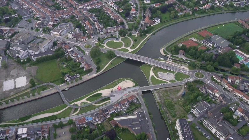 Aerial view of Kortrijk with the river Leie and Buda island
