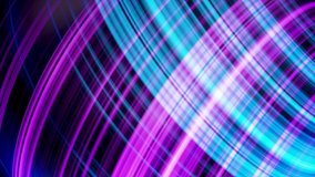 Blue and ultraviolet neon glowing round lines rotating on black background. Animation. Shining neon blue and pirple light stripes flowing fast, seamless loop.