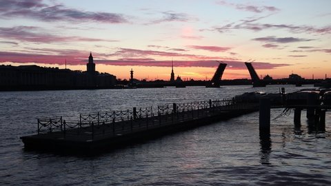 Dilution of bridges in St. Petersburg. Peter Romance. Sight of Peter. Neva River. Dawn in the city. White Nights.  Russia St. Petersburg June 11, 2019