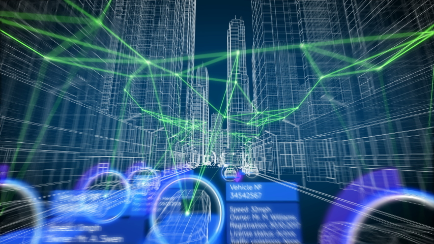 Smart City Concept. Working Tracking System on City Streets Seamless. Abstract Buildings and Cars Stylized in Hi-tech Grid Design. Looped 3d Animation Futuristic Technology Concept 4k UHD 3840x2160. - Powered by Shutterstock - Get 15% off with code: PIKWIZARD15