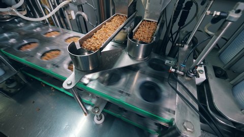 Factory mechanism is filling plastic containers with bread crumbs