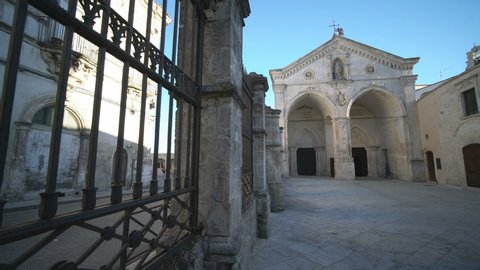 MONTE SANT'ANGELO, ITALY - 4TH APRIL 2018: Exterior of the Bell tower of S. Michele Arcangelo in the Monte Sant'Angelo, Foggia, Italy, Europe.