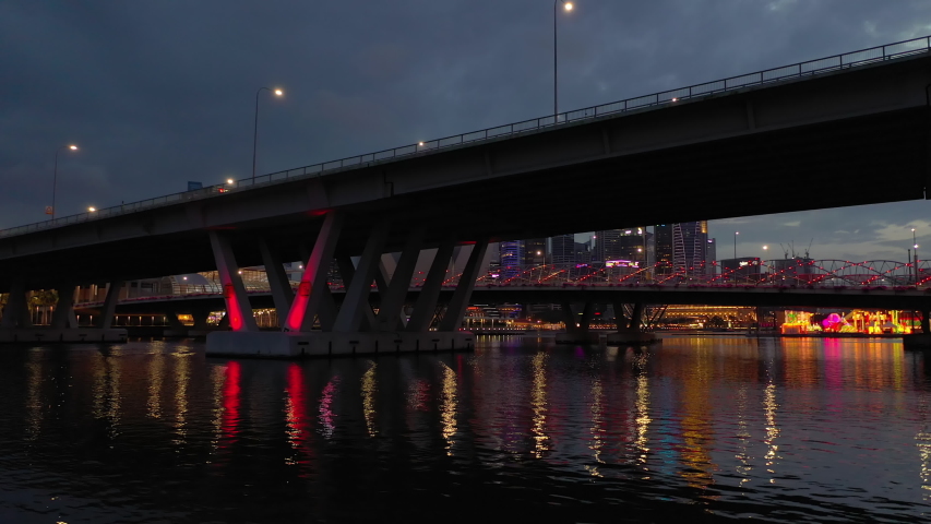 night illuminated singapore city downtown traffic bridge aerial panorama 4k