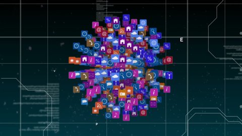 Digital animation of internet icons and symbols shaped into a sphere rotating. The background has program codes on grid lines.