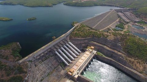 Piranhas, Alagoas / Brazil - 06/02/2019: Aerial view of aerial the hydroelectric plant of Xingó, São Francisco River