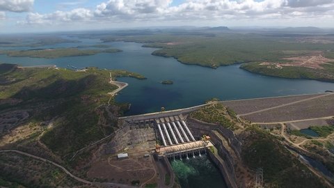 Piranhas, Alagoas / Brazil - 06/02/2019: Aerial view of aerial the hydroelectric plant of Xingó, São Francisco River