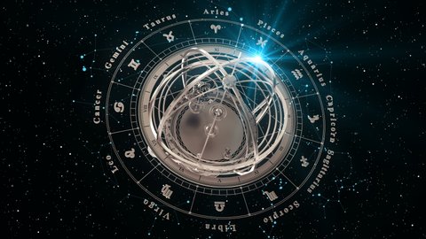 4K. Zodiac Signs and Armillary Sphere On Black Background. Seamless Looped. 3D Animation.