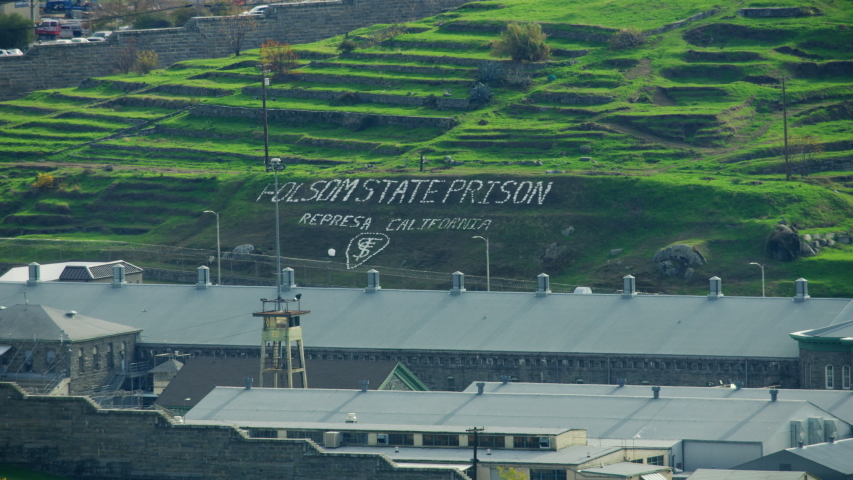 Aerial view of Folsom State Prison punishment detention center prisoners jail blocks holding inmates incarcerated Northern California USA RED WEAPON
