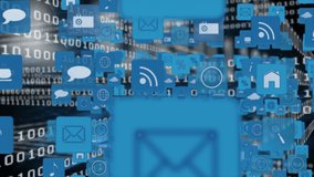 Digital animation of internet icons and symbols. Binary codes are moving across the background - Powered by Shutterstock - Get 15% off with code: PIKWIZARD15