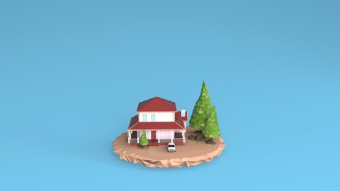Cartoon 3d polygon house is spin transformation to money stack on blue background with 3d rendering.