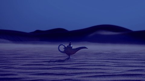 Lamp of Wishes In The Desert - Genie Coming Out Of The Bottle